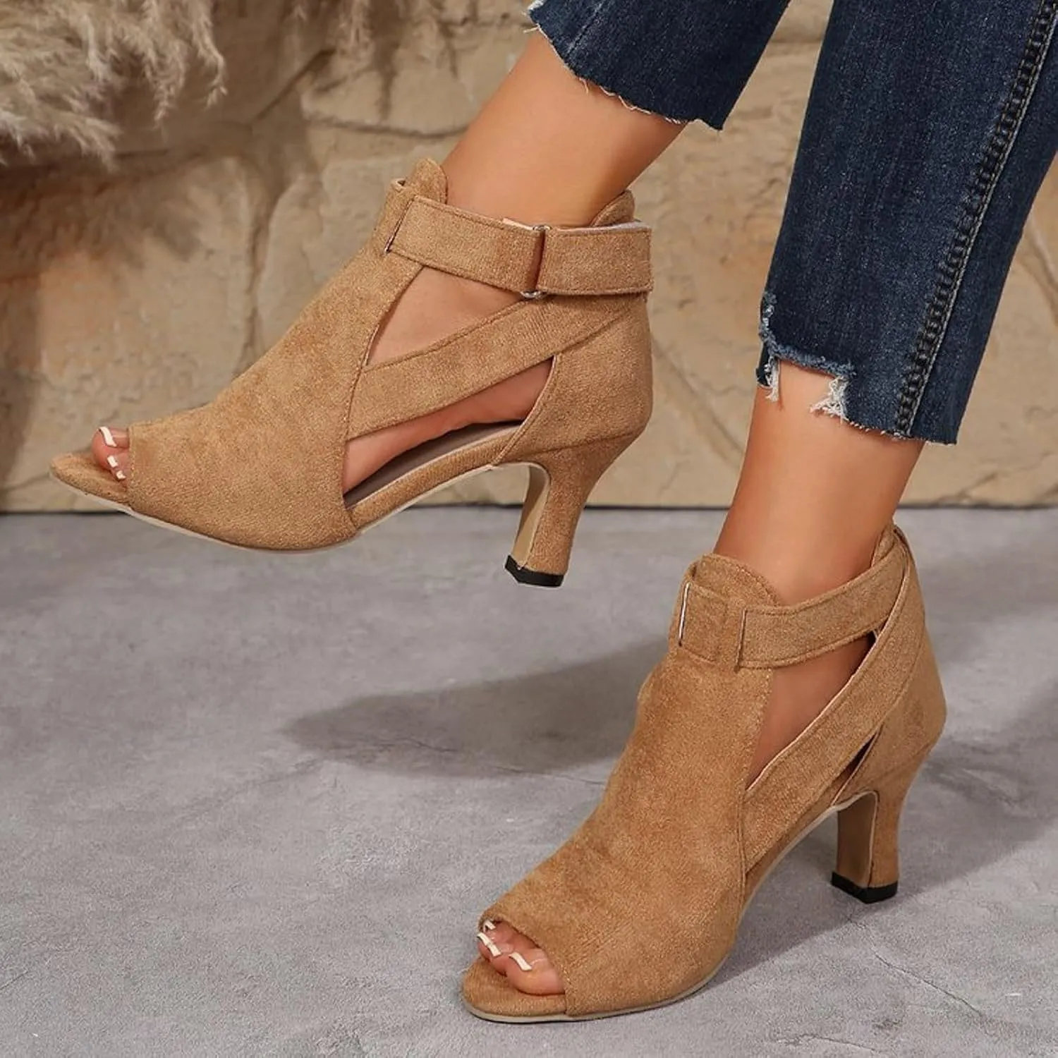 Women's Fish Mouth Fashionable High Heel Fish Mouth Adjustable Casual Suede Sandals Flower Sandals for Women Flat