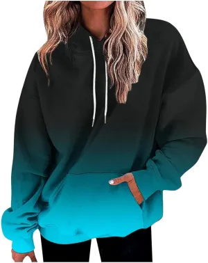 Womens Gradient Print Oversized Sweatshirt Drawstring Pullover with Pocket Trendy Sweater Tops Fashion Clothes
