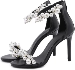 Womens Heeled Sandals Pearl Rhinestones Zipper Peep Toe Stiletto High Heel Sandals Summer Fashion Women's Sandals Open Toe Dress Shoes Leisure Wedding Party Sandals,Black,38