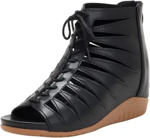 Women's Lace-Up Wedge Hollow Roman Sandals with Back Zipper,Summer Casual Fish Mouth Open Toe Platform Gladiator Sandal for Beach Holiday Reunion