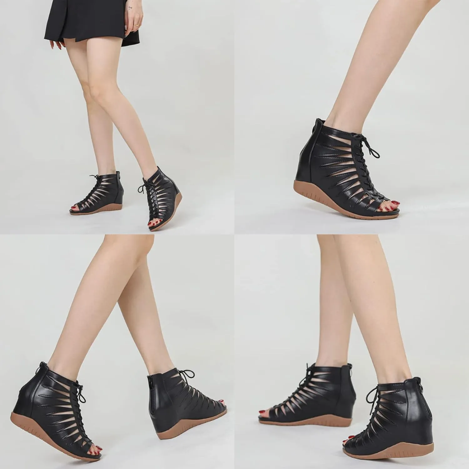 Women's Lace-Up Wedge Hollow Roman Sandals with Back Zipper,Summer Casual Fish Mouth Open Toe Platform Gladiator Sandal for Beach Holiday Reunion