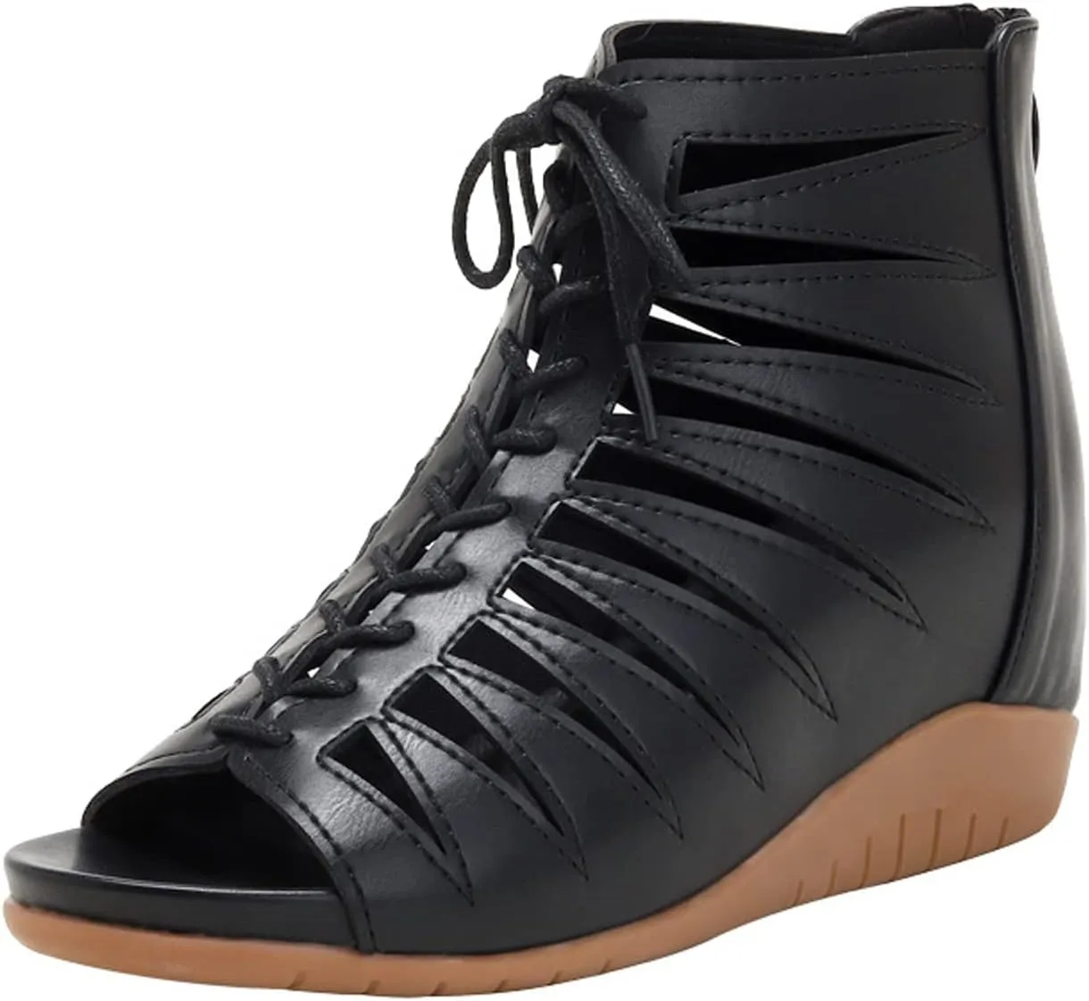 Women's Lace-Up Wedge Hollow Roman Sandals with Back Zipper,Summer Casual Fish Mouth Open Toe Platform Gladiator Sandal for Beach Holiday Reunion