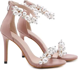 Women's Open Toe Sandal Stiletto Heeled Sandals Pearl Rhinestones Zipper Womens Sandals High Heel Sandals Summer Fashion Dress Sandals Wedding Party Shoes,Apricot,5.5