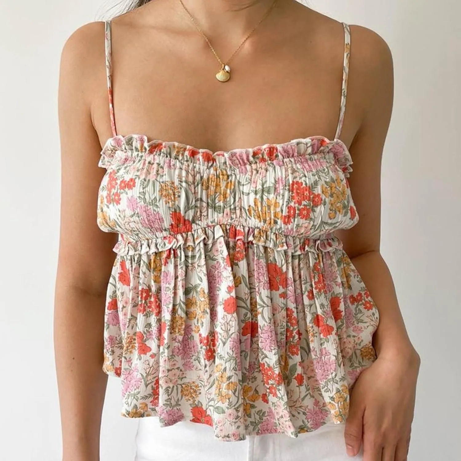 Womens Peplum Tank Tops Y2k Spaghetti Strap Ruffle Hem Smocked Cami Vest Tops Babydoll Summer Camisole