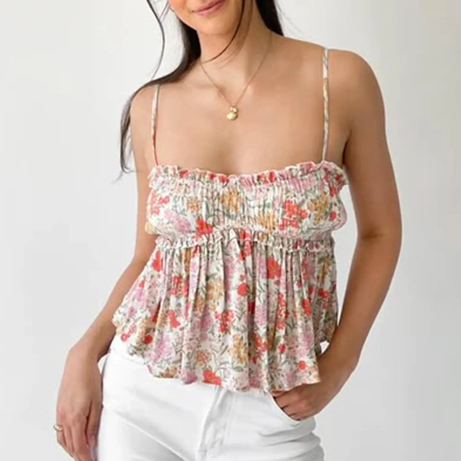 Womens Peplum Tank Tops Y2k Spaghetti Strap Ruffle Hem Smocked Cami Vest Tops Babydoll Summer Camisole