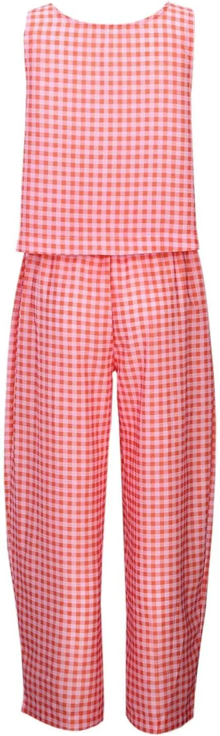 Womens Plaid 2 Pieces Lounge Pants Sets Y2K Sleeveless Gingham Crop Tank Top Outfits Baggy Wide Leg Barrel Loungewear Suits
