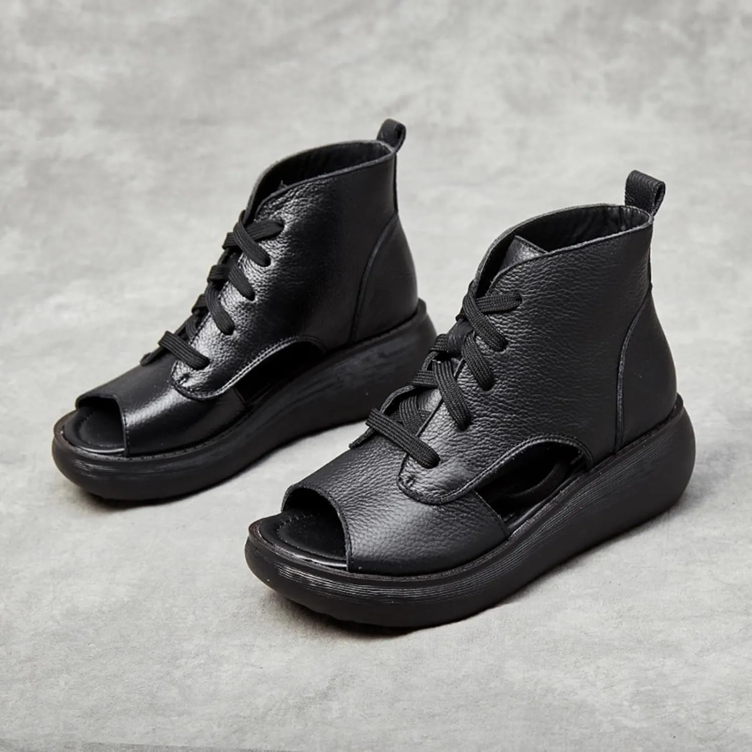 Women's Platform Leather Casual open toe Wedge Sandals,Comfort Breathable Slip-On Hollow Out Lace Up Roman Sandals,Lightweight Round Toe High Top Walking Dress Shoes