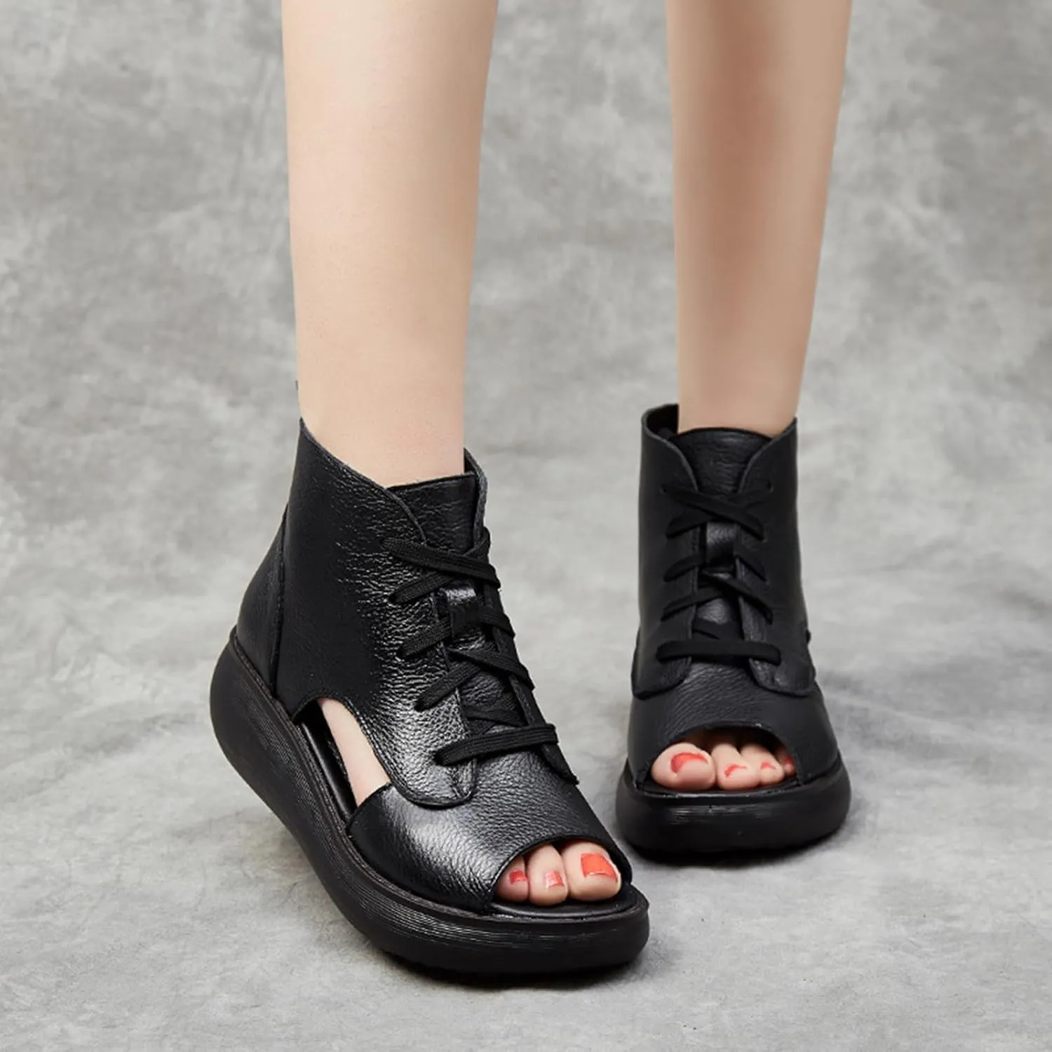 Women's Platform Leather Casual open toe Wedge Sandals,Comfort Breathable Slip-On Hollow Out Lace Up Roman Sandals,Lightweight Round Toe High Top Walking Dress Shoes
