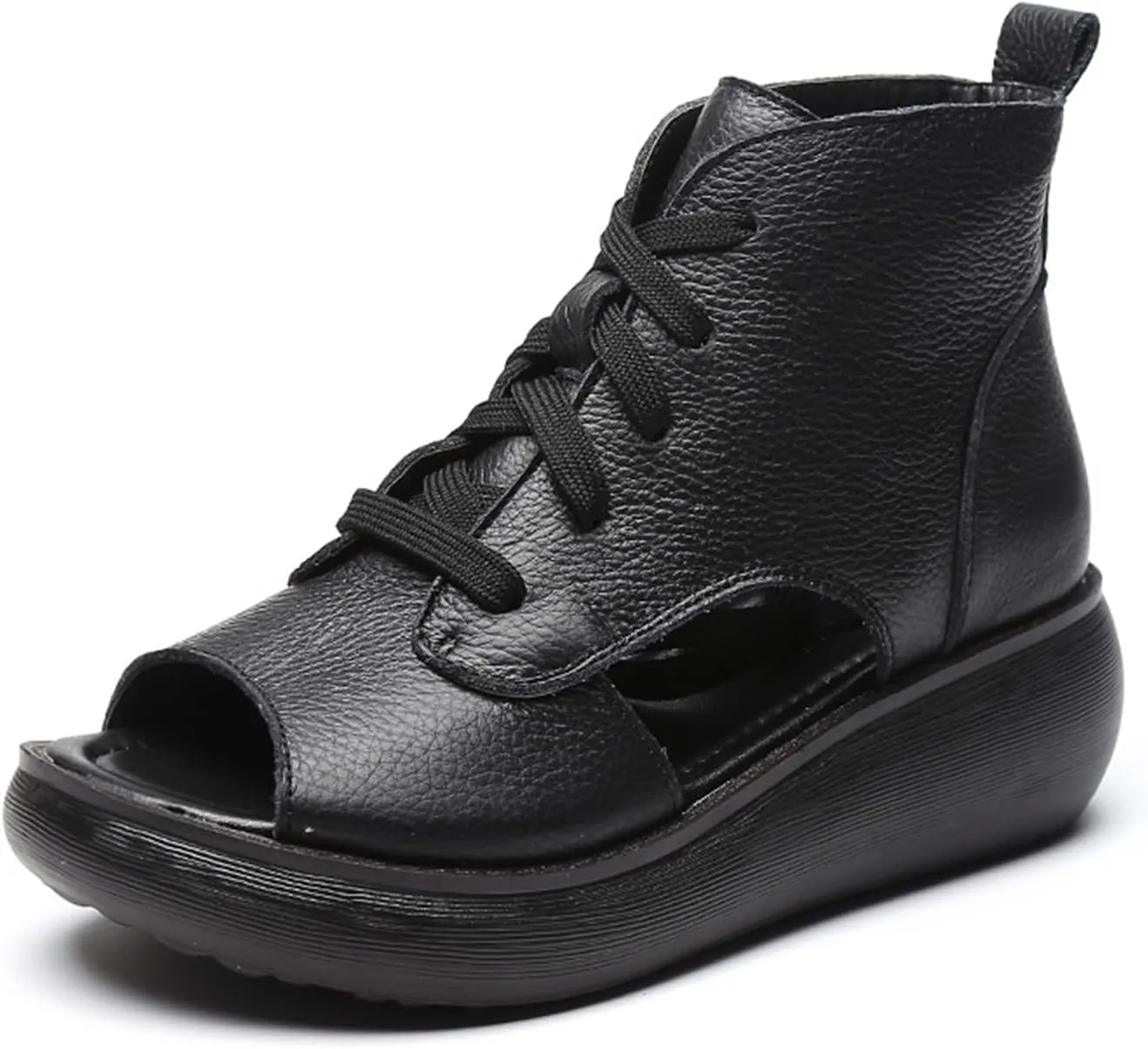 Women's Platform Leather Casual open toe Wedge Sandals,Comfort Breathable Slip-On Hollow Out Lace Up Roman Sandals,Lightweight Round Toe High Top Walking Dress Shoes