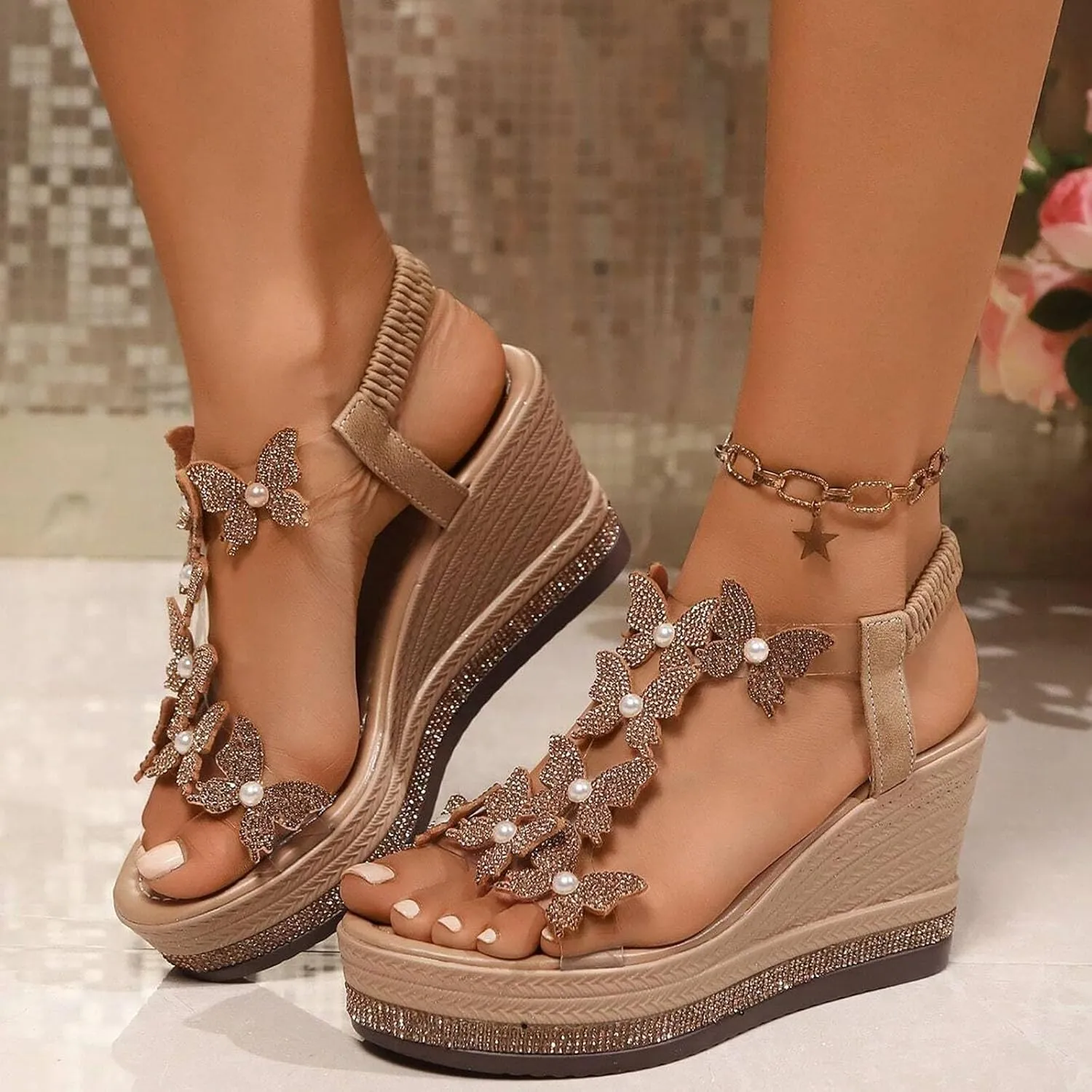 Women's Rhinestone Open Toe High Heel Wedge Sandals 2025 Summer Casual Fashion Espadrilles Butterfly Decoration Comfortable Sandals Bohemian Beach Walking Party Elastic Ankle Strap Shoes