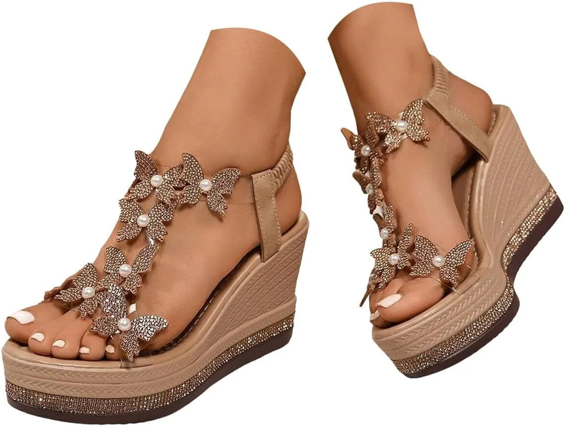 Women's Rhinestone Open Toe High Heel Wedge Sandals 2025 Summer Casual Fashion Espadrilles Butterfly Decoration Comfortable Sandals Bohemian Beach Walking Party Elastic Ankle Strap Shoes