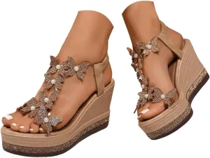 Women's Rhinestone Open Toe High Heel Wedge Sandals 2025 Summer Casual Fashion Espadrilles Butterfly Decoration Comfortable Sandals Bohemian Beach Walking Party Elastic Ankle Strap Shoes