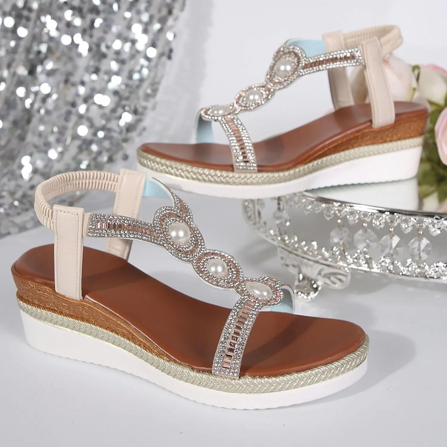 Womens Rhinestone Wedge Sandals Comfortable Open Toe T-Strap Beaded Rhinestone Bohemia Slip On Dressy Sandals Summer Casual Fashionable Beach Walking Shoes for Daily Wear