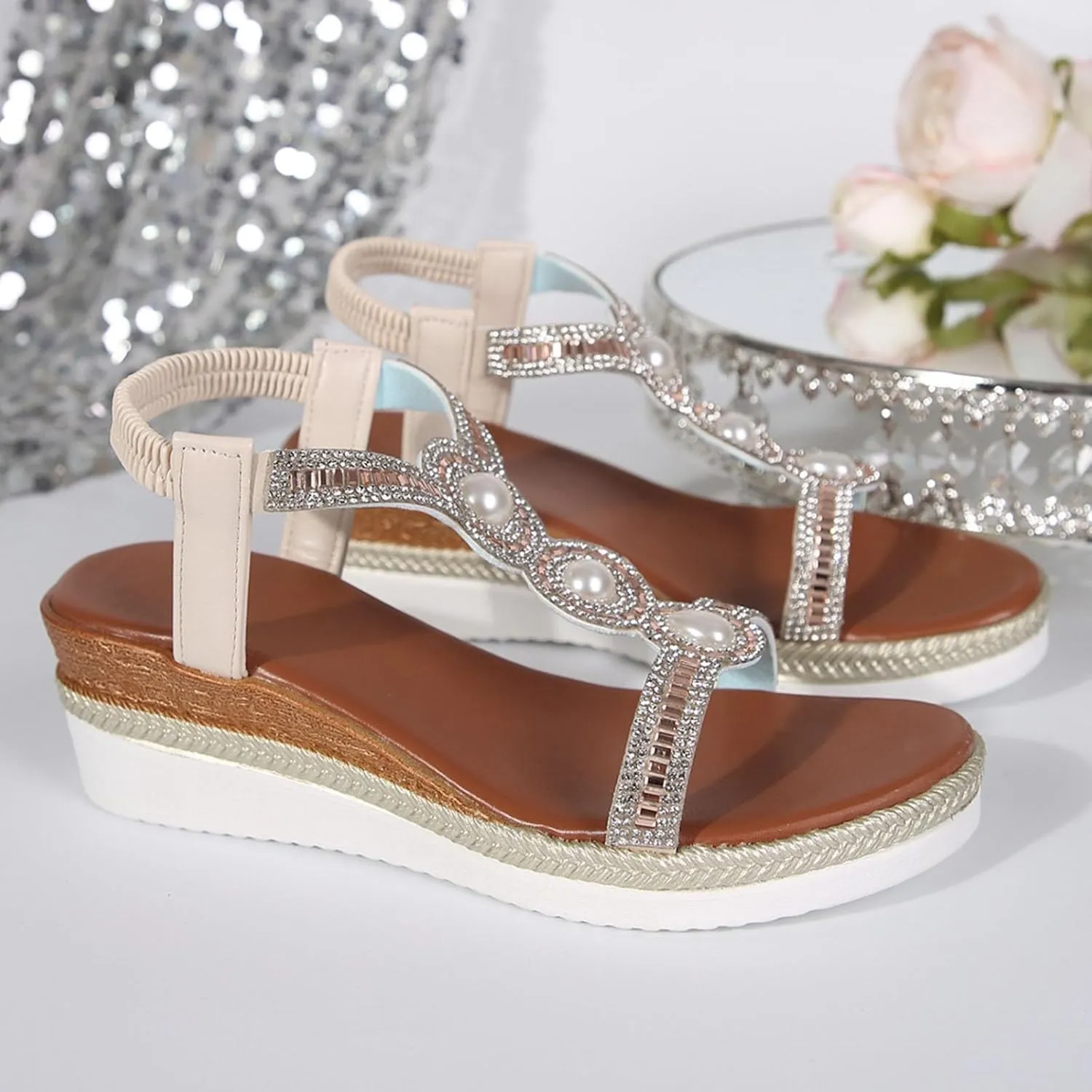 Womens Rhinestone Wedge Sandals Comfortable Open Toe T-Strap Beaded Rhinestone Bohemia Slip On Dressy Sandals Summer Casual Fashionable Beach Walking Shoes for Daily Wear