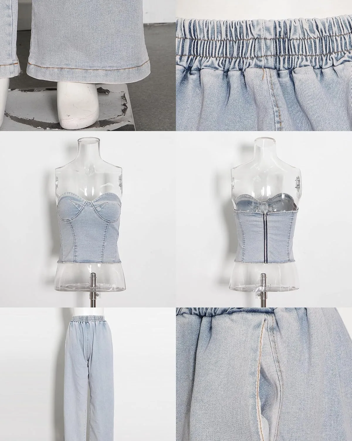 Women's Sexy Denim Outfits Off Shoulder Sleeveless Tops and Elastic High Waist Wide Leg Jeans Sets