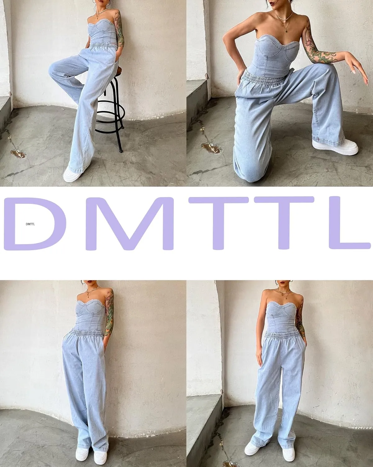 Women's Sexy Denim Outfits Off Shoulder Sleeveless Tops and Elastic High Waist Wide Leg Jeans Sets