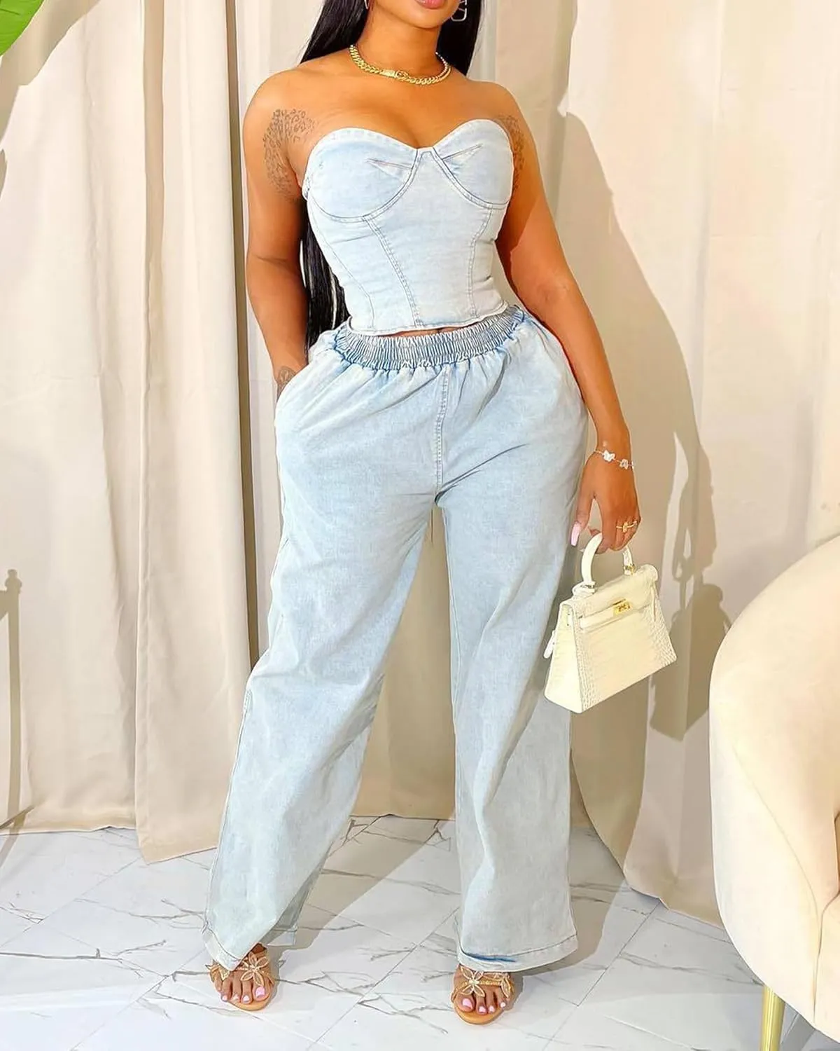 Women's Sexy Denim Outfits Off Shoulder Sleeveless Tops and Elastic High Waist Wide Leg Jeans Sets