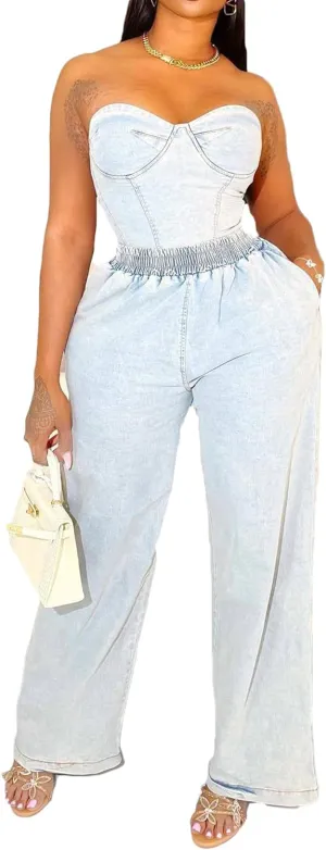 Women's Sexy Denim Outfits Off Shoulder Sleeveless Tops and Elastic High Waist Wide Leg Jeans Sets