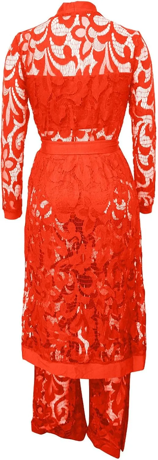 Women's Sexy Floral Lace 3 Piece See Through Wide Leg Pants Tube Top Long Kimono Robe Cover Up Coats Sets Elegant Suits