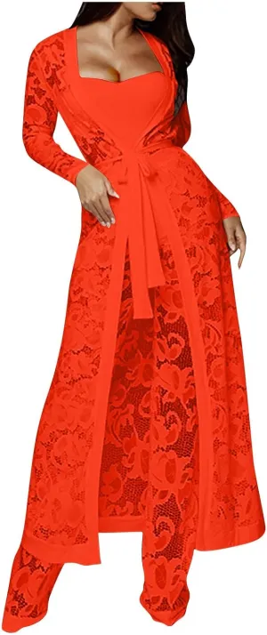 Women's Sexy Floral Lace 3 Piece See Through Wide Leg Pants Tube Top Long Kimono Robe Cover Up Coats Sets Elegant Suits