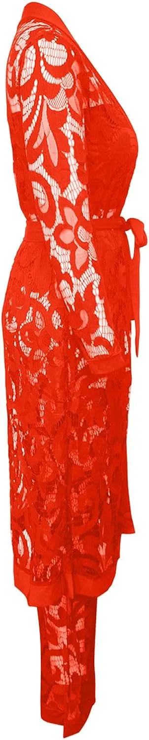 Women's Sexy Floral Lace 3 Piece See Through Wide Leg Pants Tube Top Long Kimono Robe Cover Up Coats Sets Elegant Suits