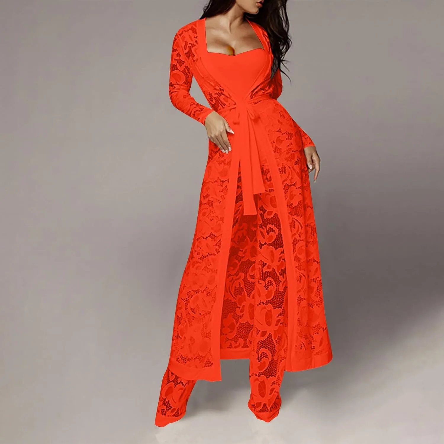 Women's Sexy Floral Lace 3 Piece See Through Wide Leg Pants Tube Top Long Kimono Robe Cover Up Coats Sets Elegant Suits