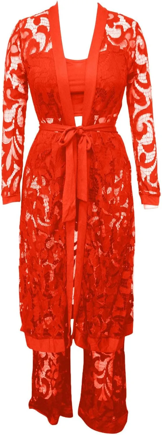 Women's Sexy Floral Lace 3 Piece See Through Wide Leg Pants Tube Top Long Kimono Robe Cover Up Coats Sets Elegant Suits