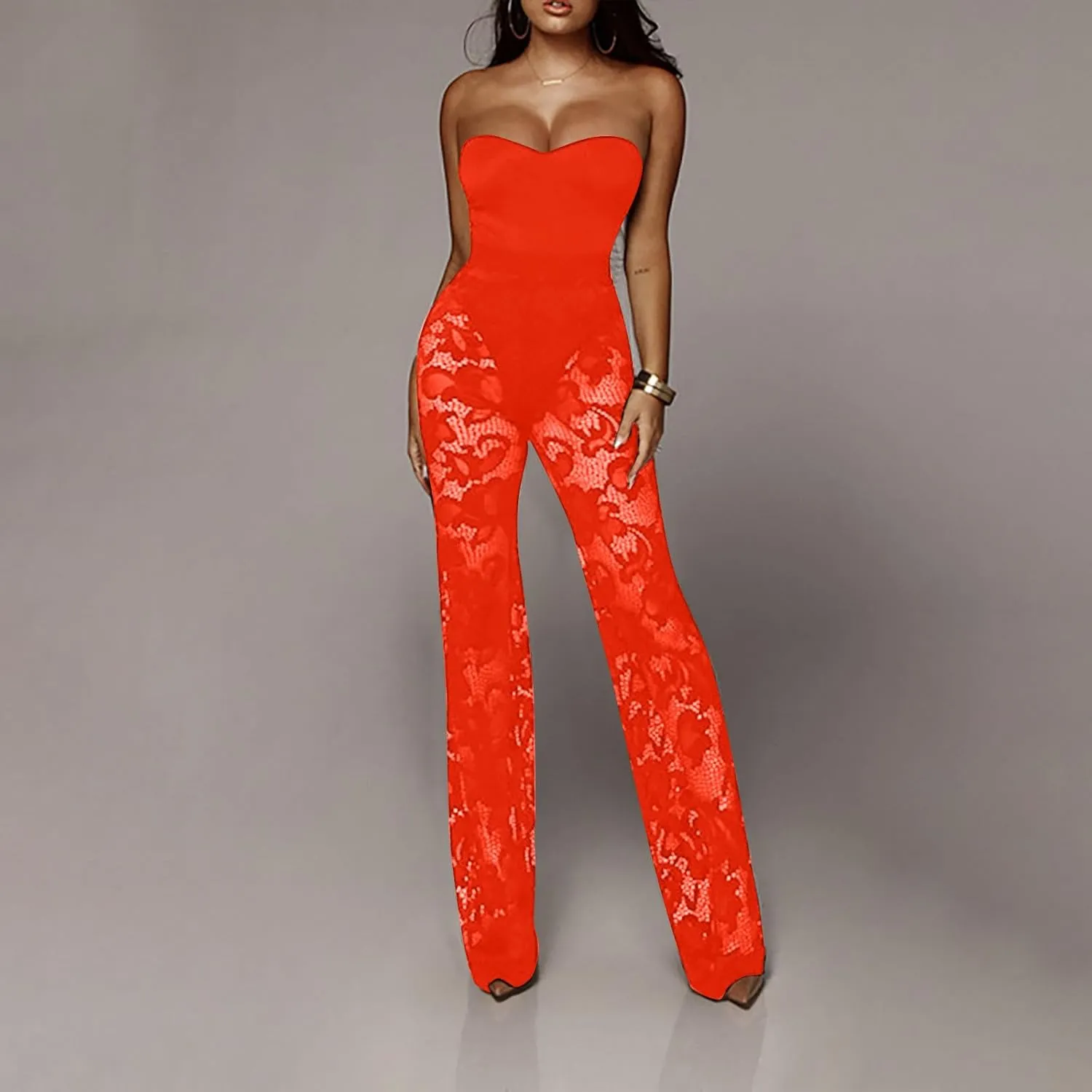 Women's Sexy Floral Lace 3 Piece See Through Wide Leg Pants Tube Top Long Kimono Robe Cover Up Coats Sets Elegant Suits