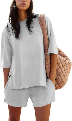 Womens Shorts Sets 2 Piece Outfits Summer 2025 Half Sleeve Crew Neck Cotton Lounge Sets Matching Clothing