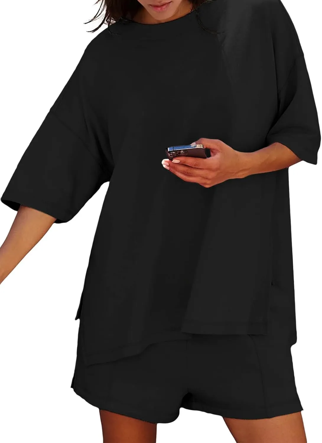 Womens Shorts Sets 2 Piece Outfits Summer 2025 Half Sleeve Crew Neck Cotton Lounge Sets Matching Clothing