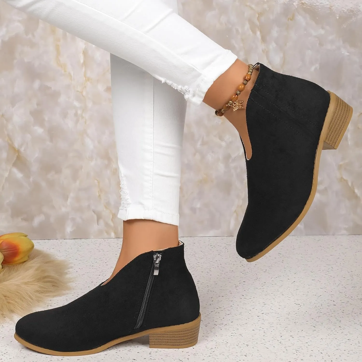 Women's Slip On Shoes Ankle Boots Fashion Solid Suede Front V Side Zipper Block Heel Round Toe Dress Sock Booties