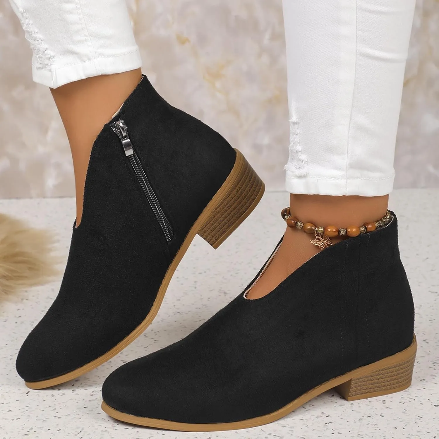 Women's Slip On Shoes Ankle Boots Fashion Solid Suede Front V Side Zipper Block Heel Round Toe Dress Sock Booties