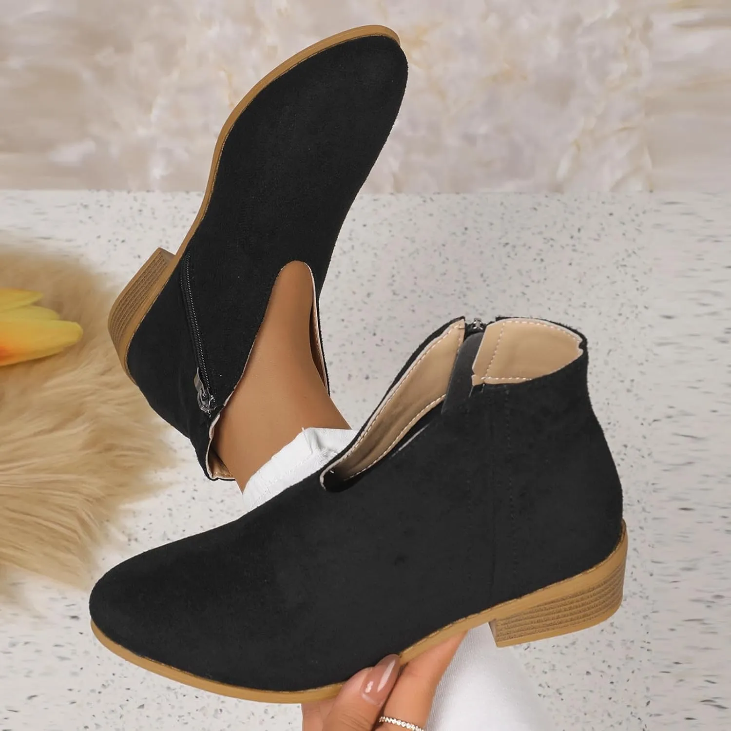 Women's Slip On Shoes Ankle Boots Fashion Solid Suede Front V Side Zipper Block Heel Round Toe Dress Sock Booties