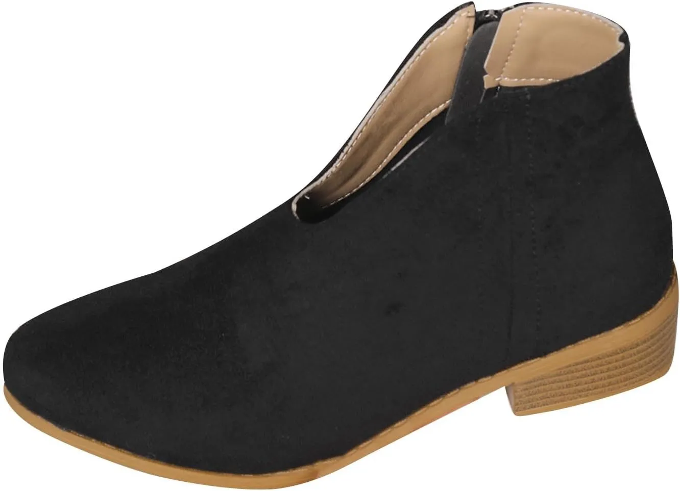 Women's Slip On Shoes Ankle Boots Fashion Solid Suede Front V Side Zipper Block Heel Round Toe Dress Sock Booties