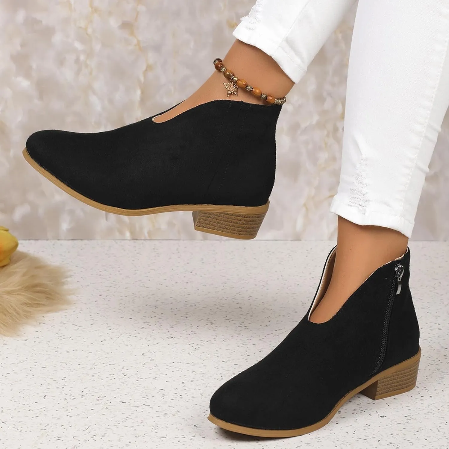 Women's Slip On Shoes Ankle Boots Fashion Solid Suede Front V Side Zipper Block Heel Round Toe Dress Sock Booties