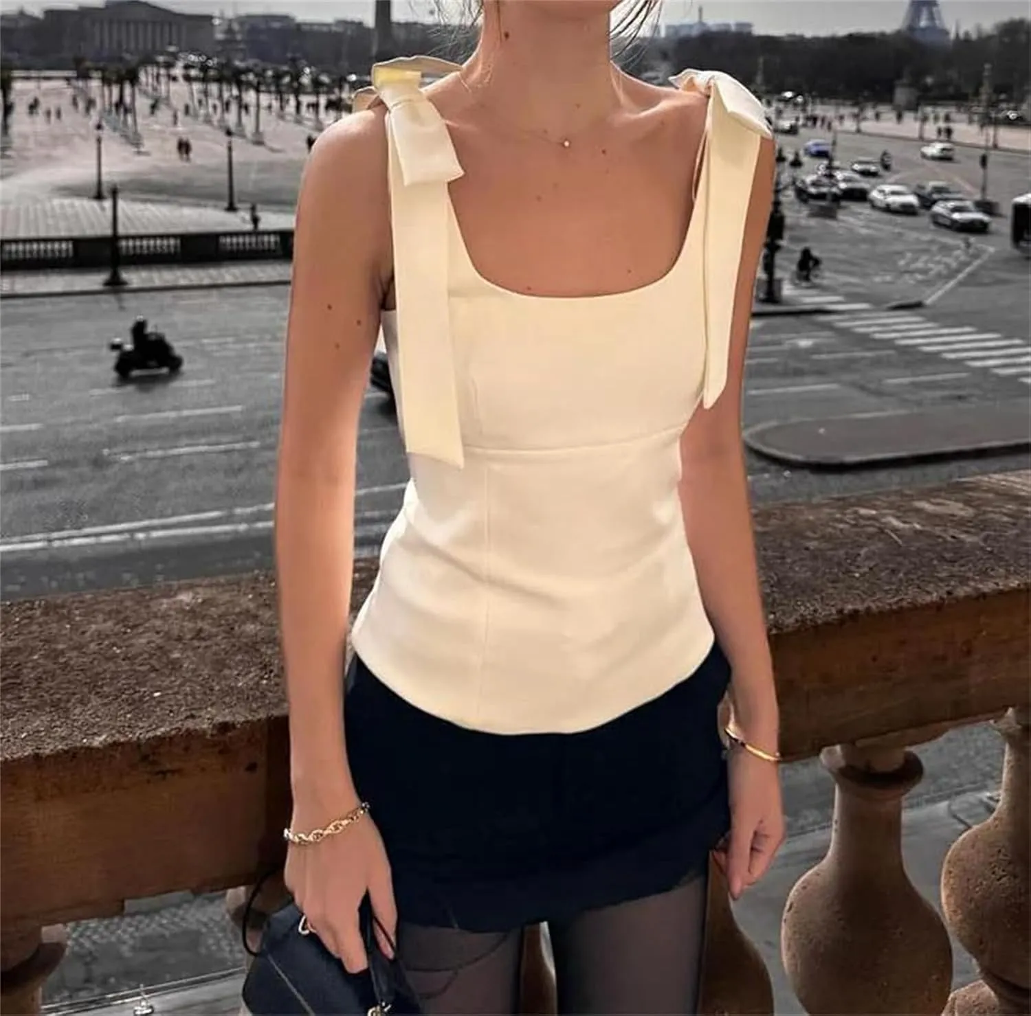 Women's Solid Color Bow Square Neck Camisole Tops Summer Sleeveless Street Side Zipper Slim Fit Tops