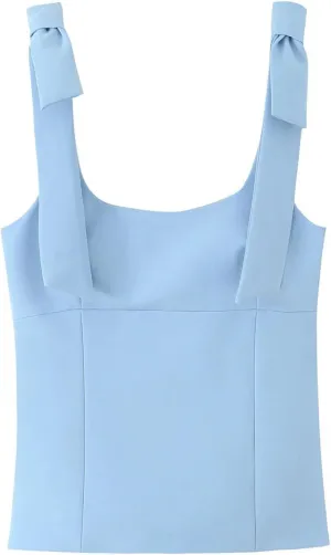 Women's Solid Color Bow Square Neck Camisole Tops Summer Sleeveless Street Side Zipper Slim Fit Tops