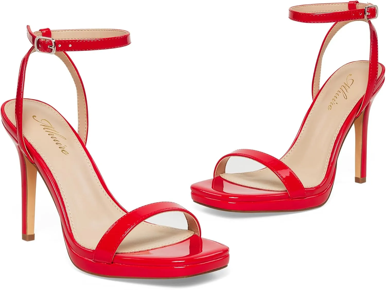 Womens Stiletto Strappy Heeled Sandals, 4.3 Inch Square Open Toe Sexy High Heels Ankle Strap Buckle Heels for Party Wedding Dress Daily Wear Shoes
