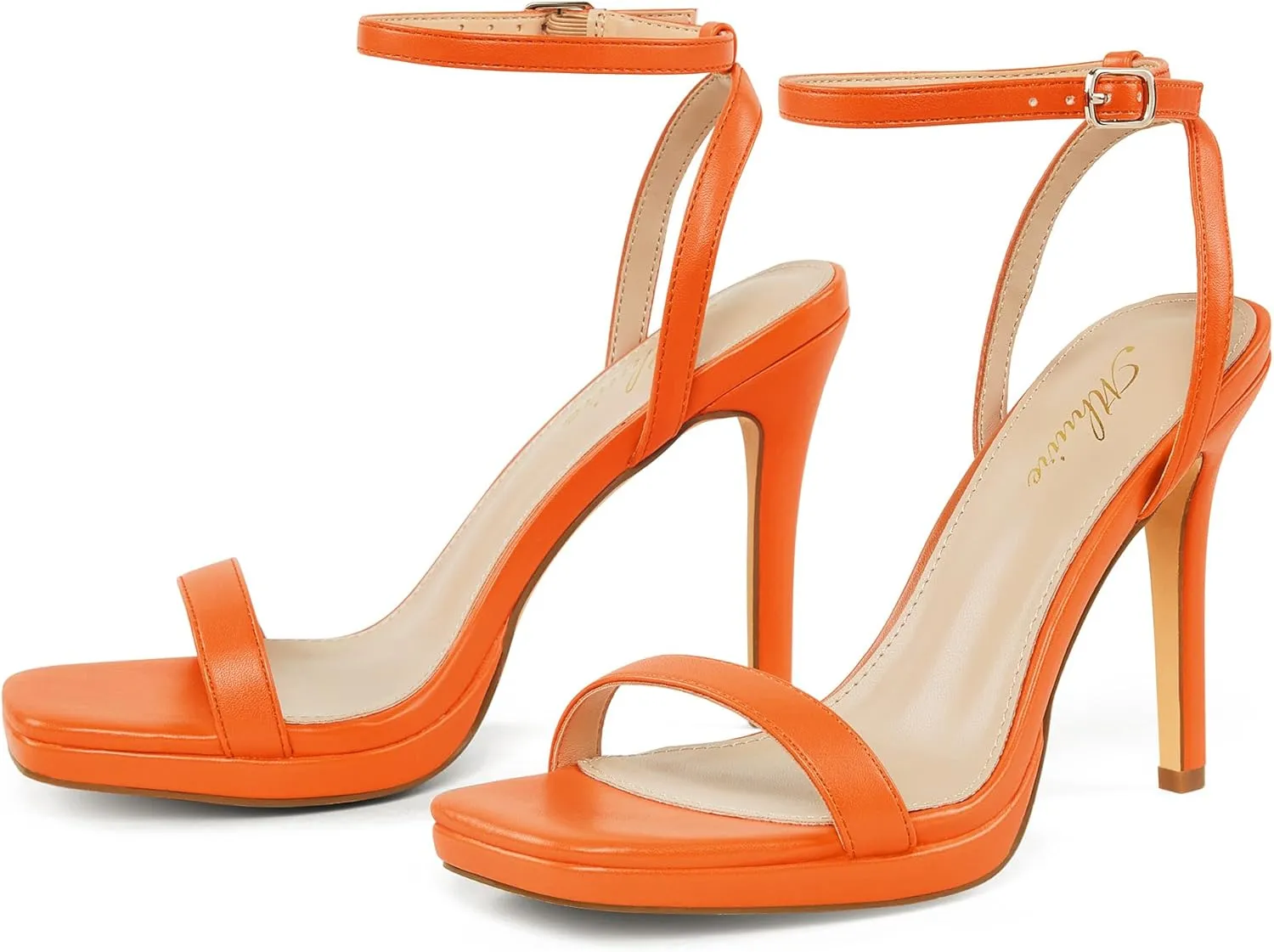 Womens Stiletto Strappy Heeled Sandals, 4.3 Inch Square Open Toe Sexy High Heels Ankle Strap Buckle Heels for Party Wedding Dress Daily Wear Shoes