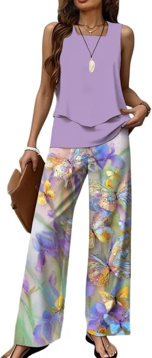 Women's Summer 2 Piece Outfits Sleeveless Square Neck Tiered Tops Wide Leg Pants Matching Set Going Out Lounge Suits
