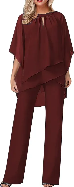 Women's Summer Outfits Dressy Lightweight Flowy Irregular Top Plus Size 2 Piece Sets Causal Work Wide Leg Pants Suits