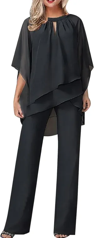 Women's Summer Outfits Dressy Lightweight Flowy Irregular Top Plus Size 2 Piece Sets Causal Work Wide Leg Pants Suits