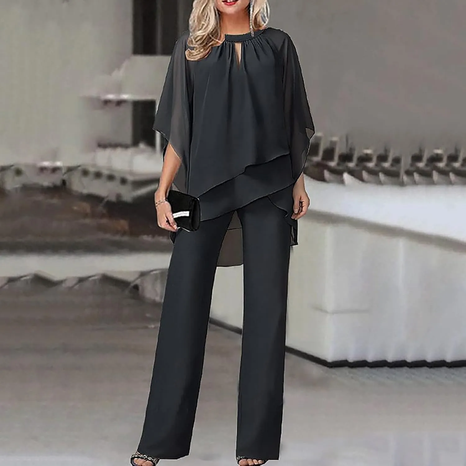 Women's Summer Outfits Dressy Lightweight Flowy Irregular Top Plus Size 2 Piece Sets Causal Work Wide Leg Pants Suits