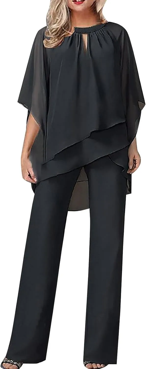 Women's Summer Outfits Dressy Lightweight Flowy Irregular Top Plus Size 2 Piece Sets Causal Work Wide Leg Pants Suits