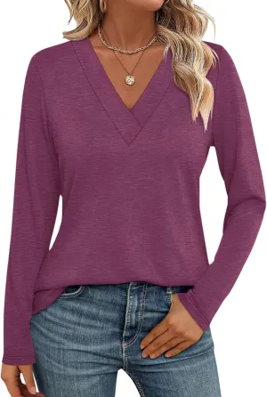 Womens V Neck Long Sleeve Shirts Dressy Casual Fall Tops Trendy Loose Tunic Tops Blouse