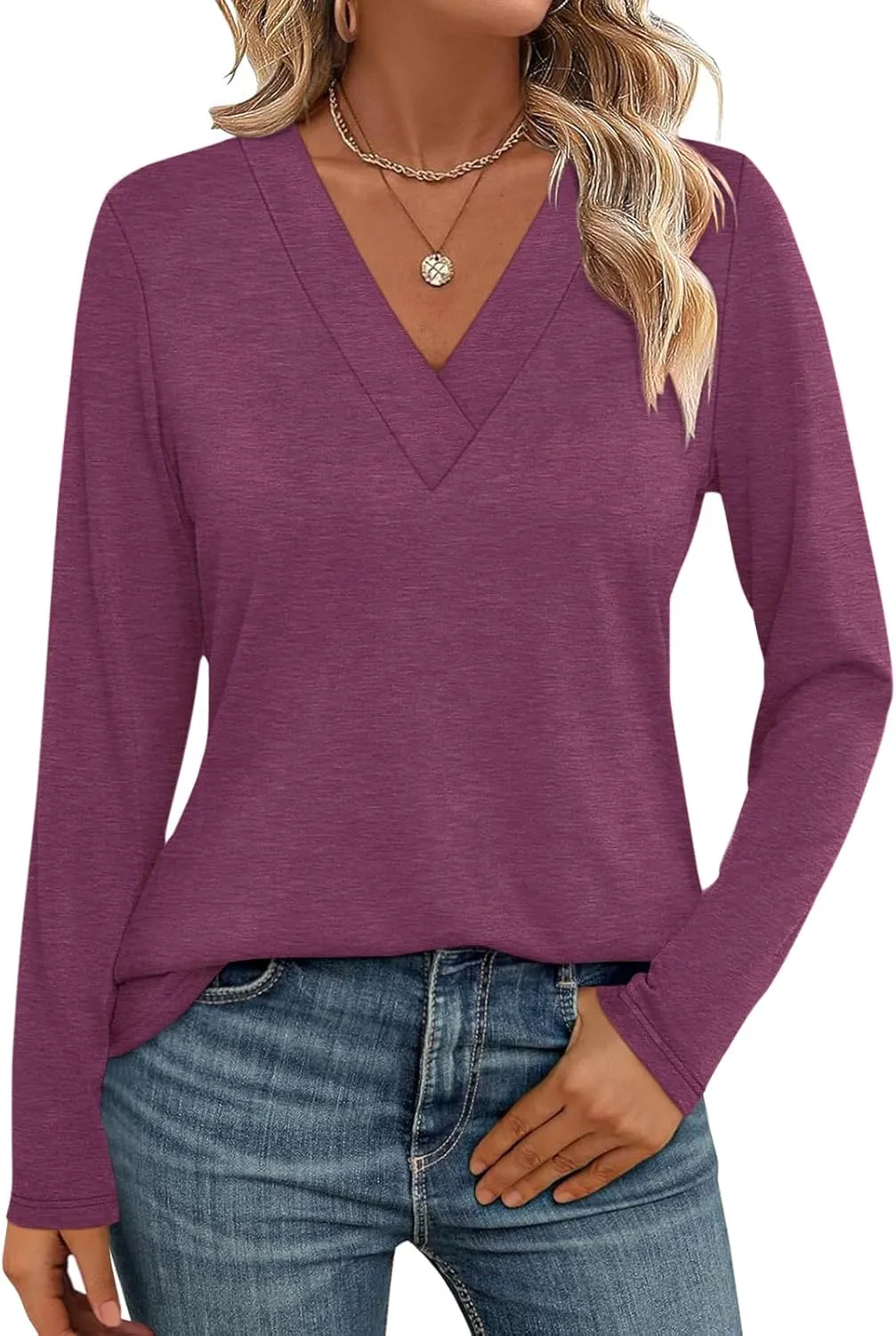 Womens V Neck Long Sleeve Shirts Dressy Casual Fall Tops Trendy Loose Tunic Tops Blouse