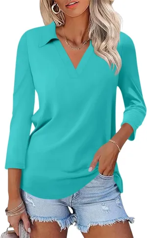 Womens V Neck Polo Shirts 3/4 Sleeve Collared Tops Business Casual Summer Tops Trendy Loose