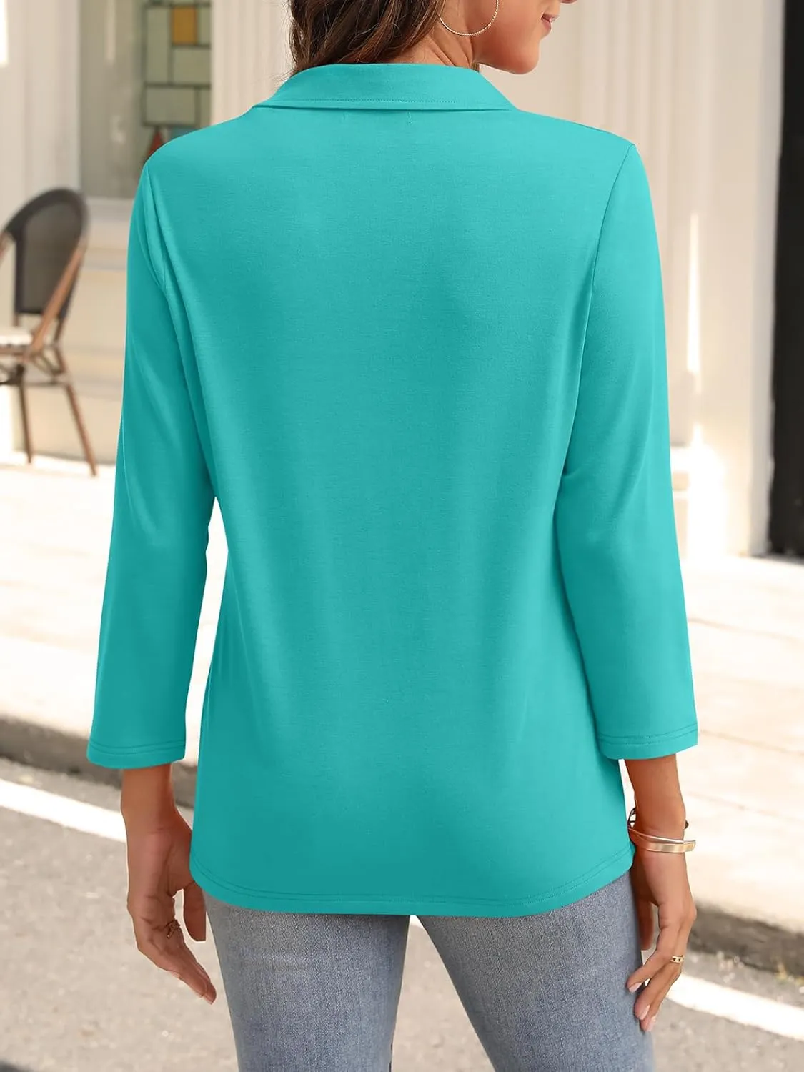 Womens V Neck Polo Shirts 3/4 Sleeve Collared Tops Business Casual Summer Tops Trendy Loose