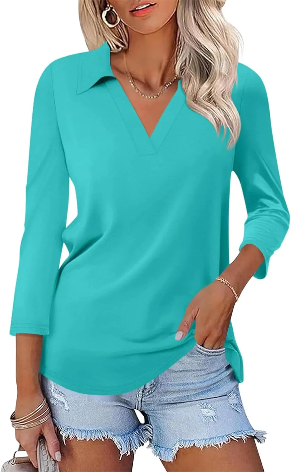 Womens V Neck Polo Shirts 3/4 Sleeve Collared Tops Business Casual Summer Tops Trendy Loose