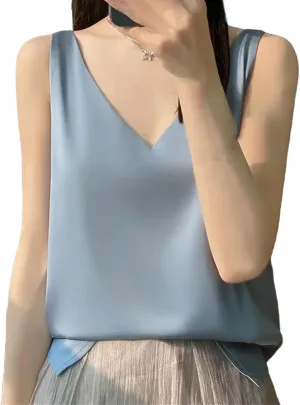 Women's V-Neck Tops Satin Camis Ice Silk Camisole Basic Sleeveless Shirts